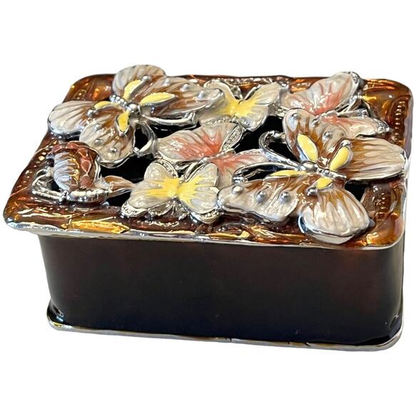 VTG Metal TRINKET BOX Enameled Butterfly Keepsake Open Metalwork Lid 3" Treasure - Picture 6 of 7